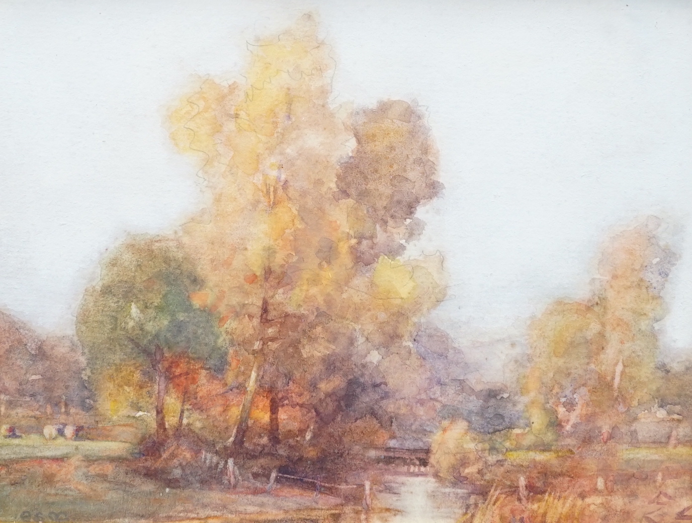 Attributed to Ernest Gabriel Mitchell (b.1859), watercolour, river landscape, label verso, 18cm x 14cm